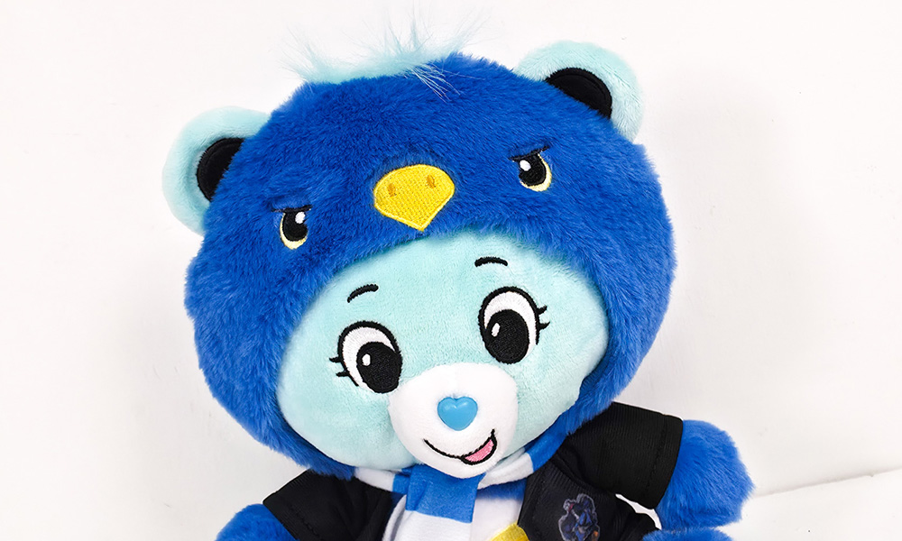 Care Bears x Harry Potter Wish Bear face close up with hoodie and heart nose