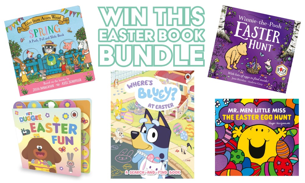 A bundle of 5 Easter 2026 books for toddlers including Bluey search-and-find, Hey Duggee, Winnie the Pooh, and Mr. Men with shiny purple foil covers.
