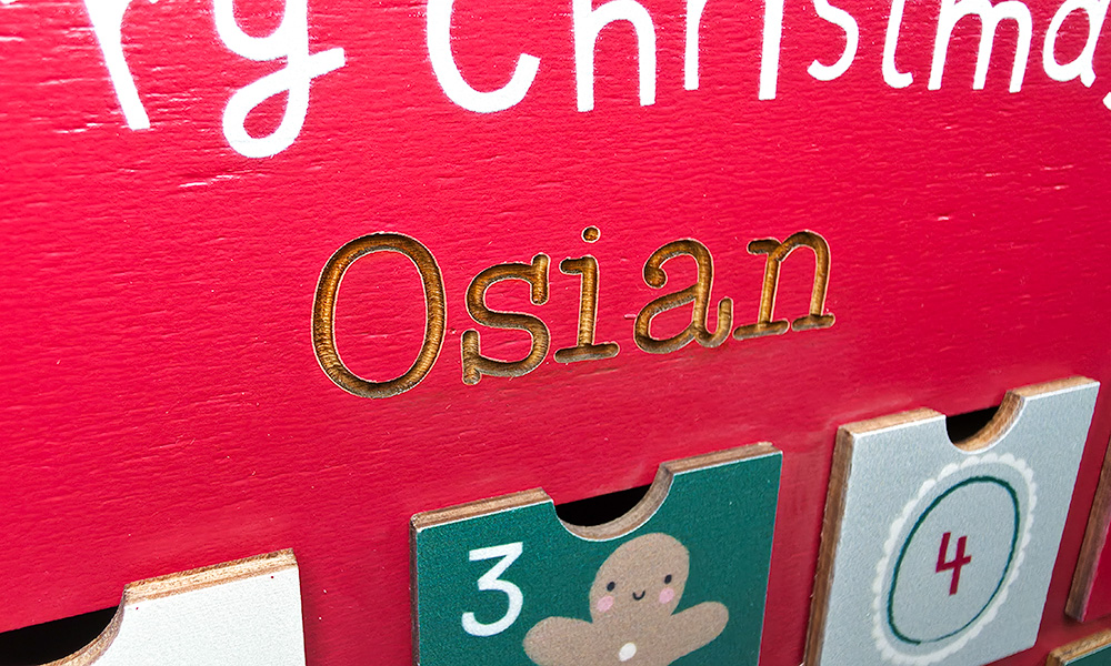 My 1st Years Personalised Wooden Advent Calendar carved name up close