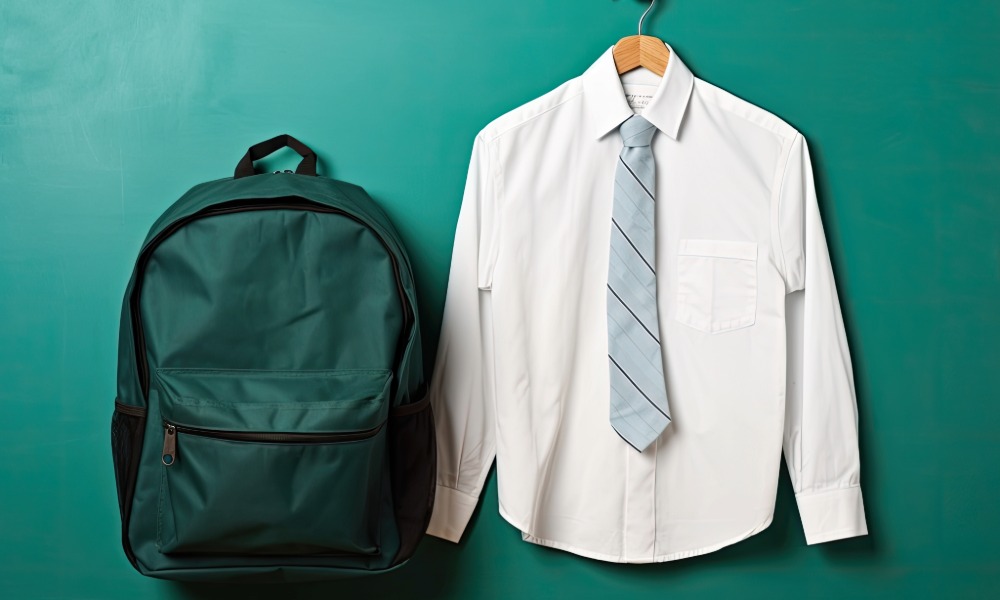 School uniform, bag and stationery on a desk representing the School Essentials Grant in Swansea