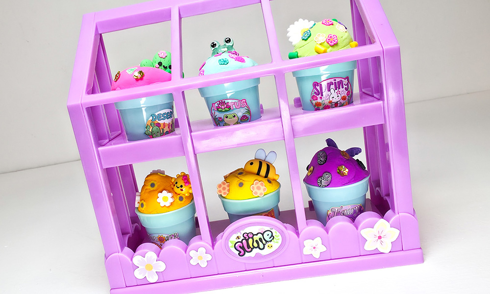 So Slime Flower Mini Garden greenhouse display showing all six completed scented slime flowerpot