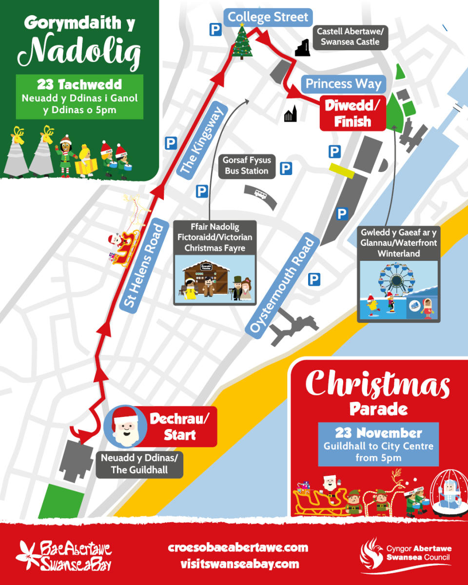 A New Christmas Parade Route is Here for 2025 The parade will begin at the Guildhall, before travelling down St Helen’s Road through the Kingsway, across College Street, down Castle Street and Caer Street, and finishing on Princess Way, offering fresh vantage points and festive experiences for families across the city.