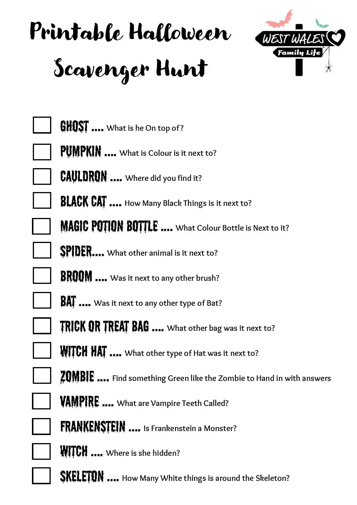 Free Printable Halloween Scavenger Hunt for Kids - West Wales Family Life