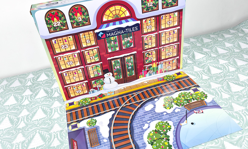magna tiles advent calendar doors open with train track in view